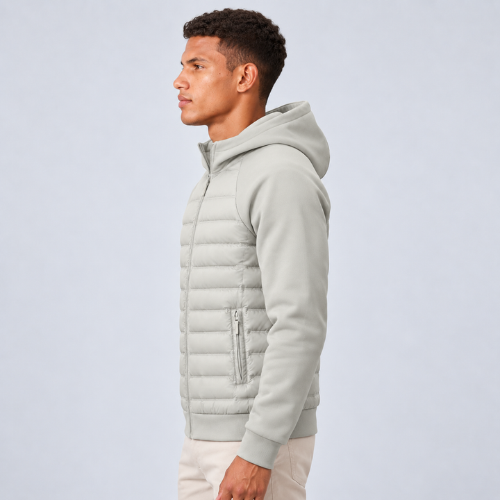 Men's hooded jacket with quilted front panels, knit sleeves and zip front