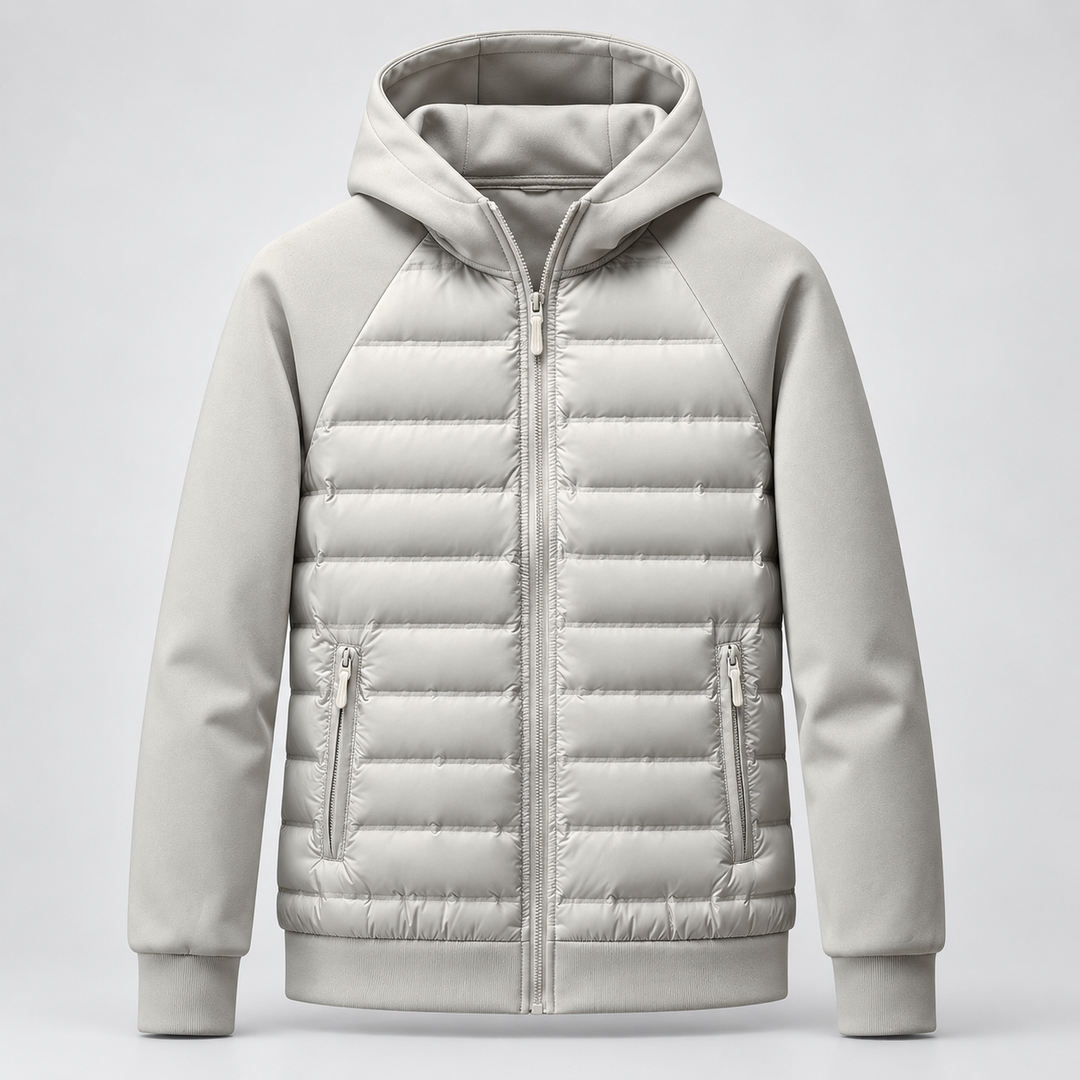 Men's grey hooded jacket with quilted front panels, knit sleeves and zip front