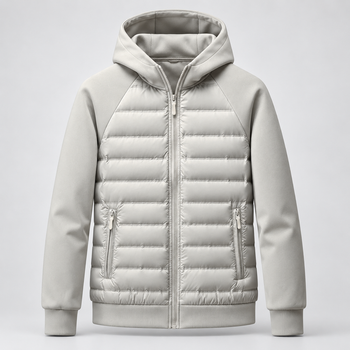 Men's grey hooded jacket with quilted front panels, knit sleeves and zip front