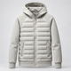 Men's grey hooded jacket with quilted front panels, knit sleeves and zip front
