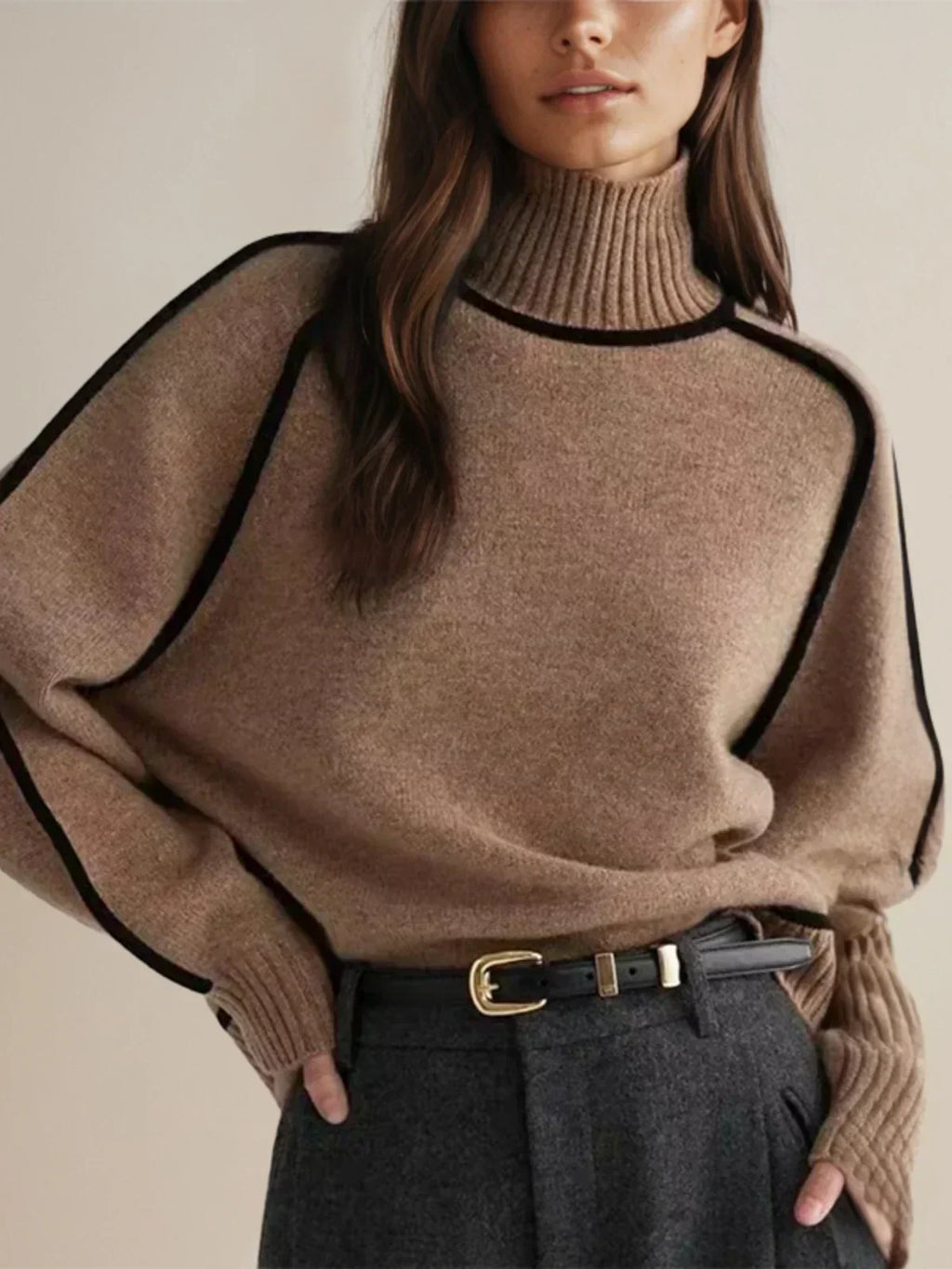 Women's oversized turtleneck sweater with contrasting trim and long sleeves
