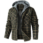Men's checked hooded jacket with long sleeves and utility pockets