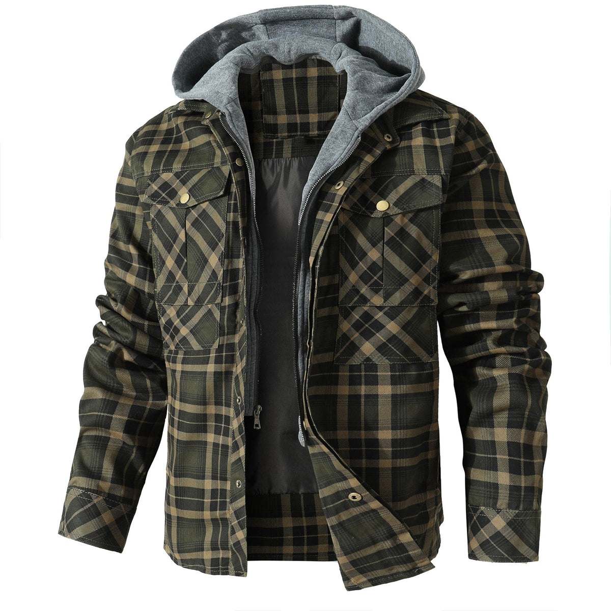 Men's checked hooded jacket with long sleeves and utility pockets
