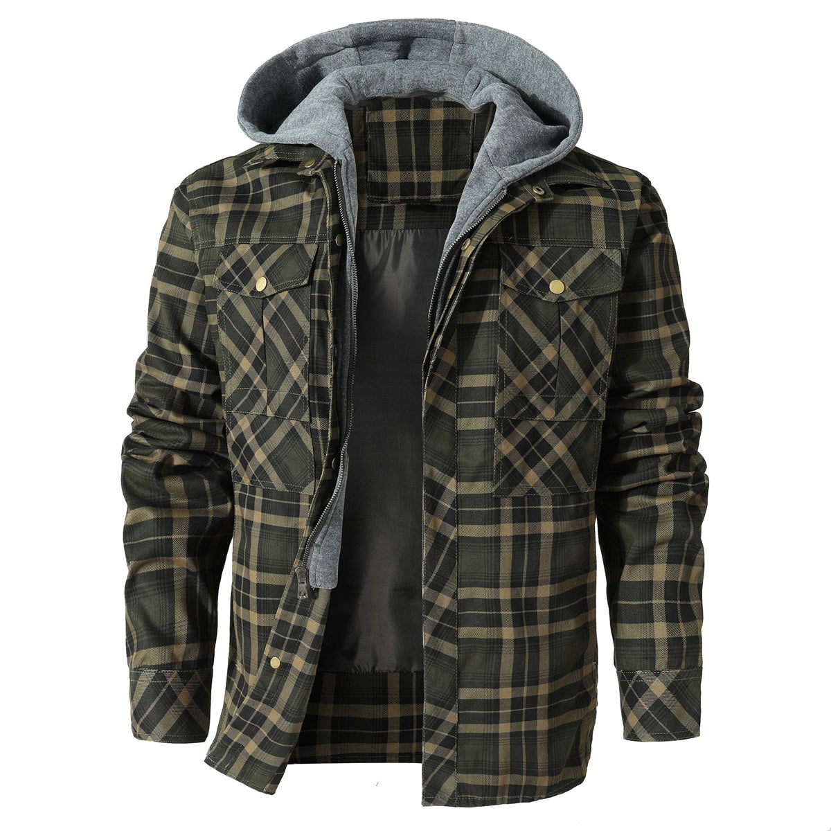 Men's checked hooded jacket with long sleeves and utility pockets