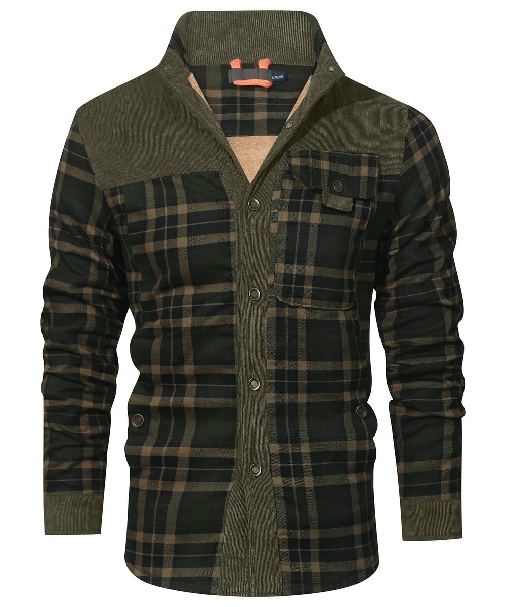 Men's checked jacket with stand collar, long sleeves and button front