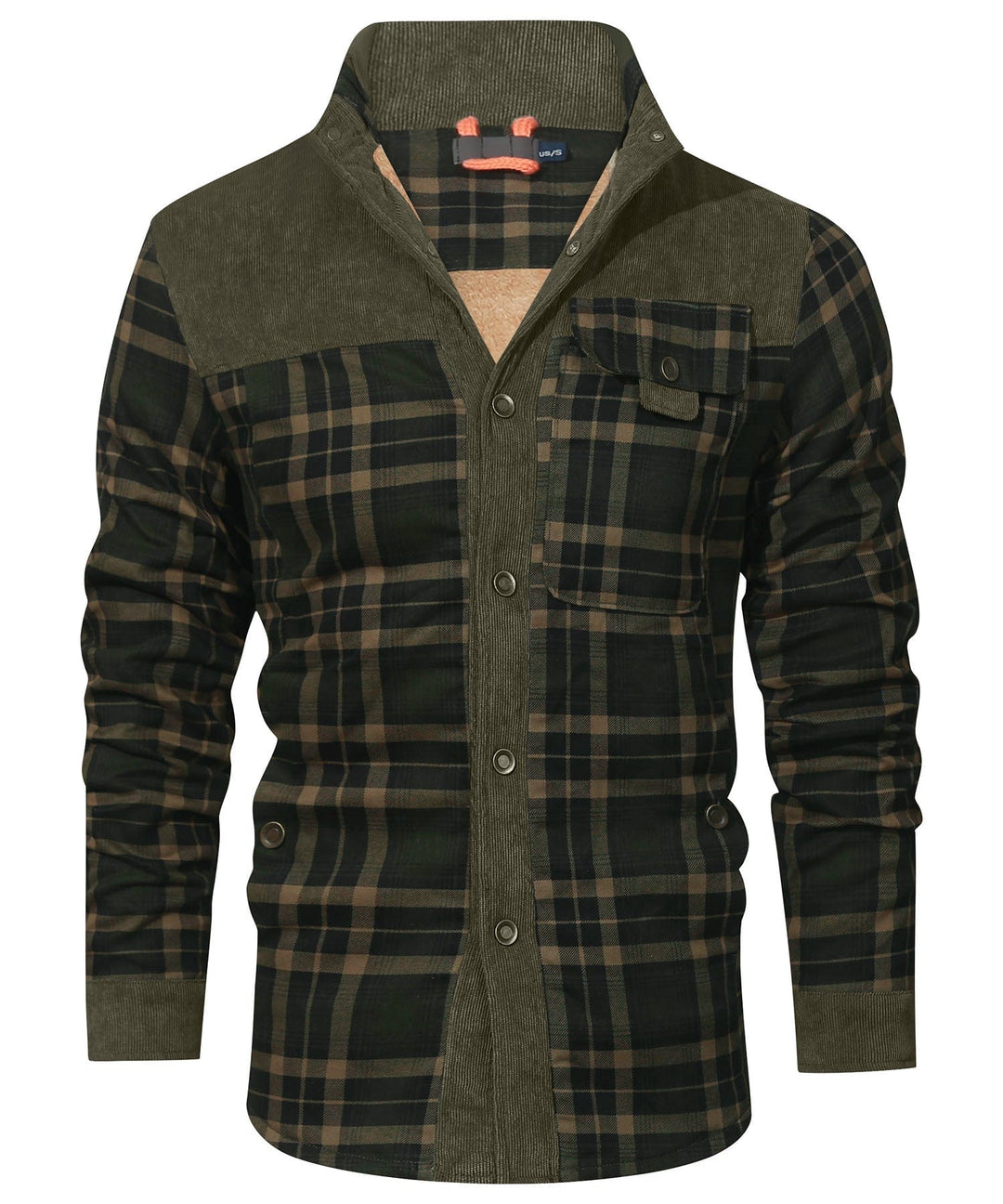 Men's checked jacket with stand collar, long sleeves and button front