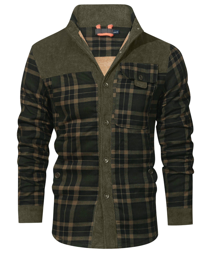 Men's checked jacket with stand collar, long sleeves and button front