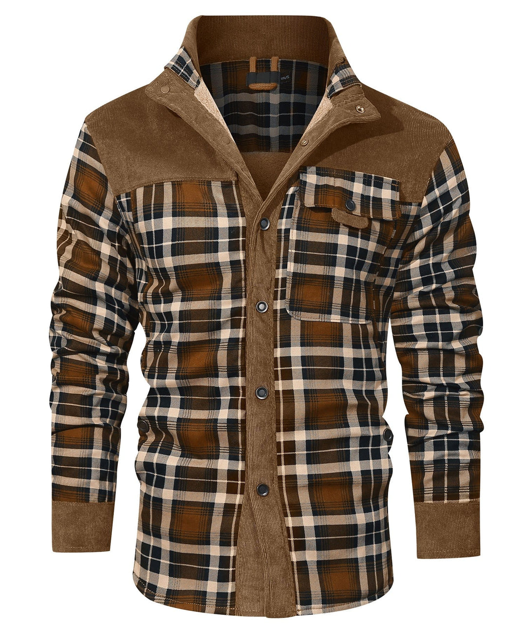 Men's checked jacket with stand collar, long sleeves and button front