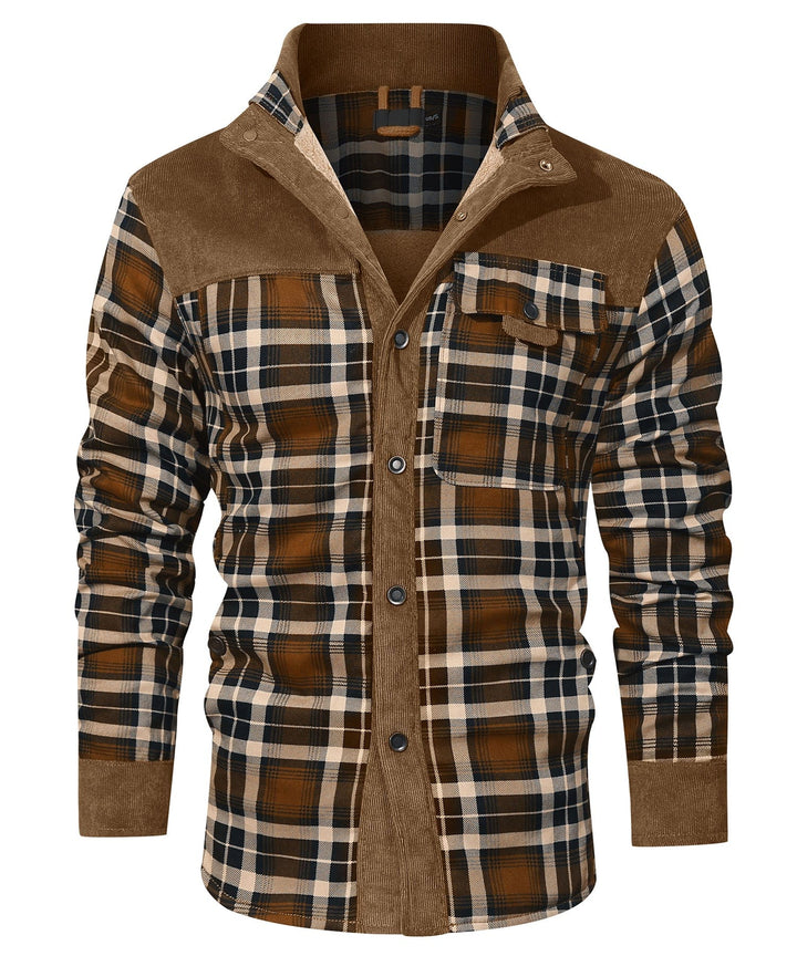 Men's checked jacket with stand collar, long sleeves and button front