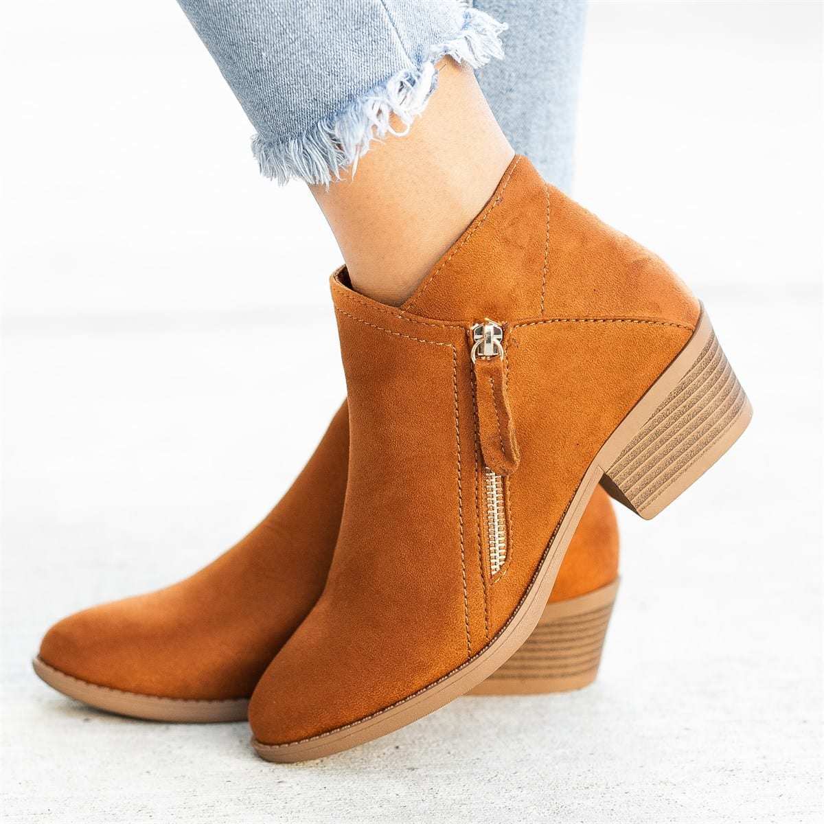 Women's ankle boots with side zippers and low block heels