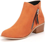 Women's ankle boots with side zippers and low block heels
