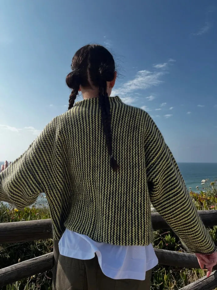 Women's patterned knit cardigan with mock neck and multicolor buttons