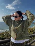 Women's patterned knit cardigan with mock neck and multicolor buttons