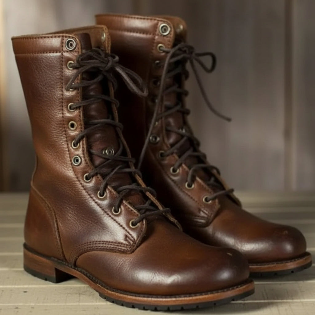 Unisex mid-calf lace-up combat boots with round toes and treaded soles