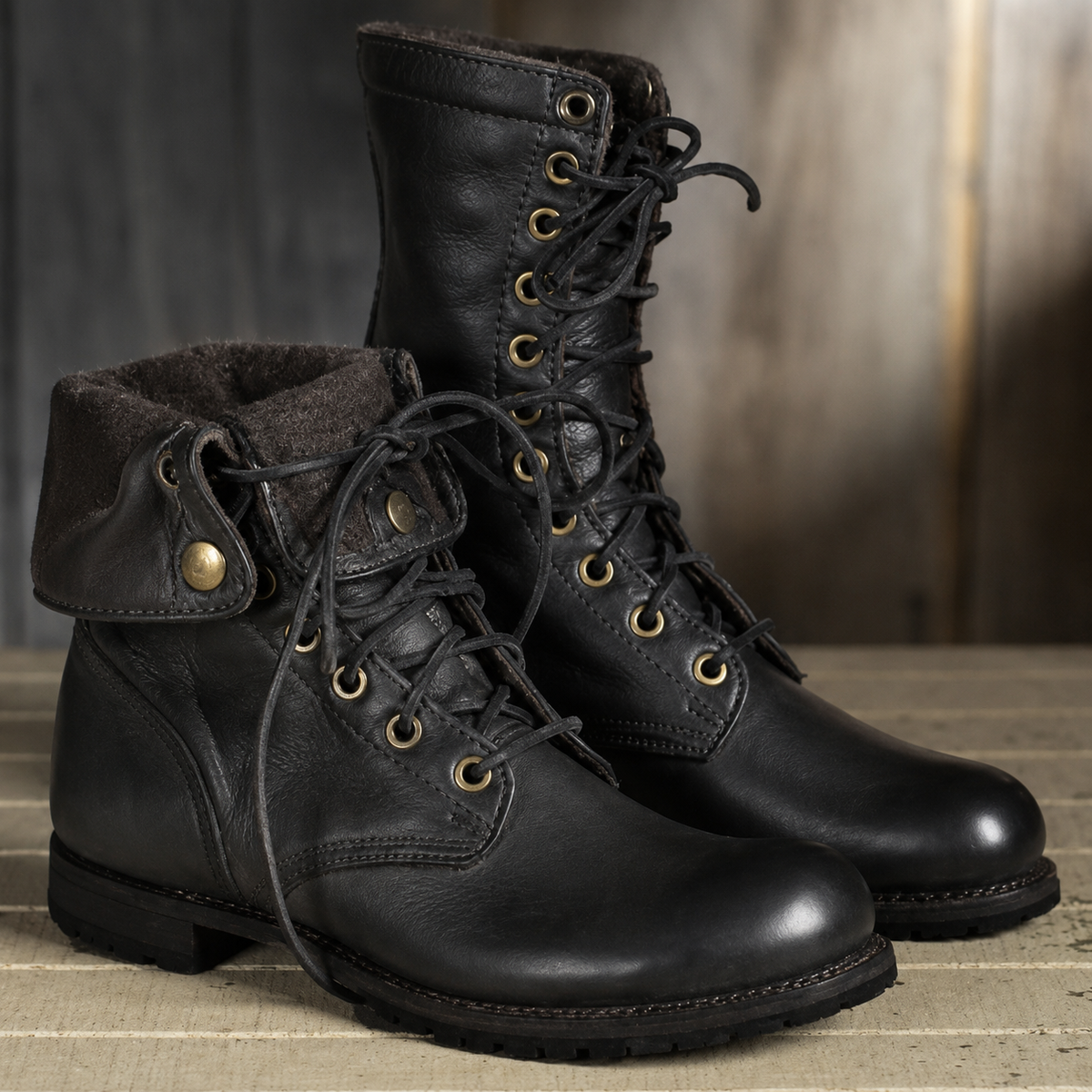 Unisex mid-calf lace-up combat boots with round toes and treaded soles