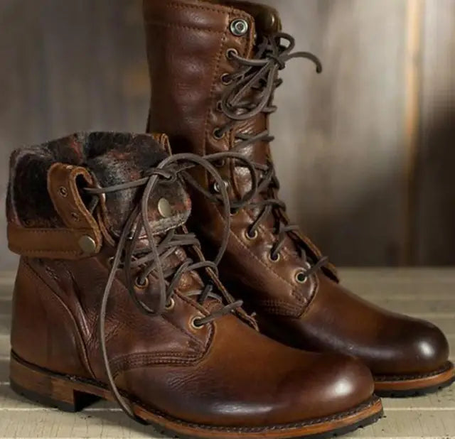 Unisex mid-calf lace-up combat boots with round toes and treaded soles