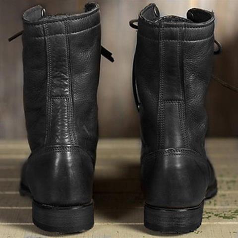 Unisex mid-calf lace-up combat boots with round toes and treaded soles
