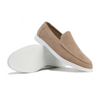 Men's textured slip-on loafers with moc toe stitching and flat soles