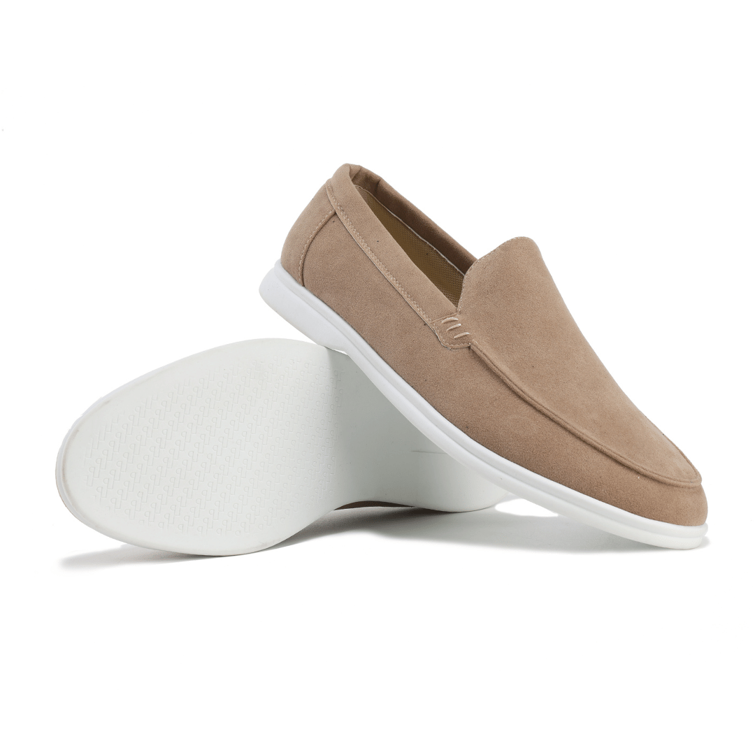 Men's textured slip-on loafers with moc toe stitching and flat soles