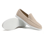 Men's textured slip-on loafers with moc toe stitching and flat soles