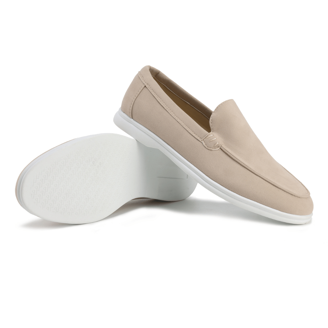 Men's textured slip-on loafers with moc toe stitching and flat soles