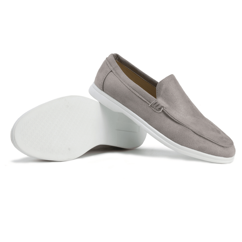 Men's textured slip-on loafers with moc toe stitching and flat soles