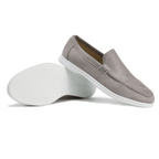 Men's textured slip-on loafers with moc toe stitching and flat soles