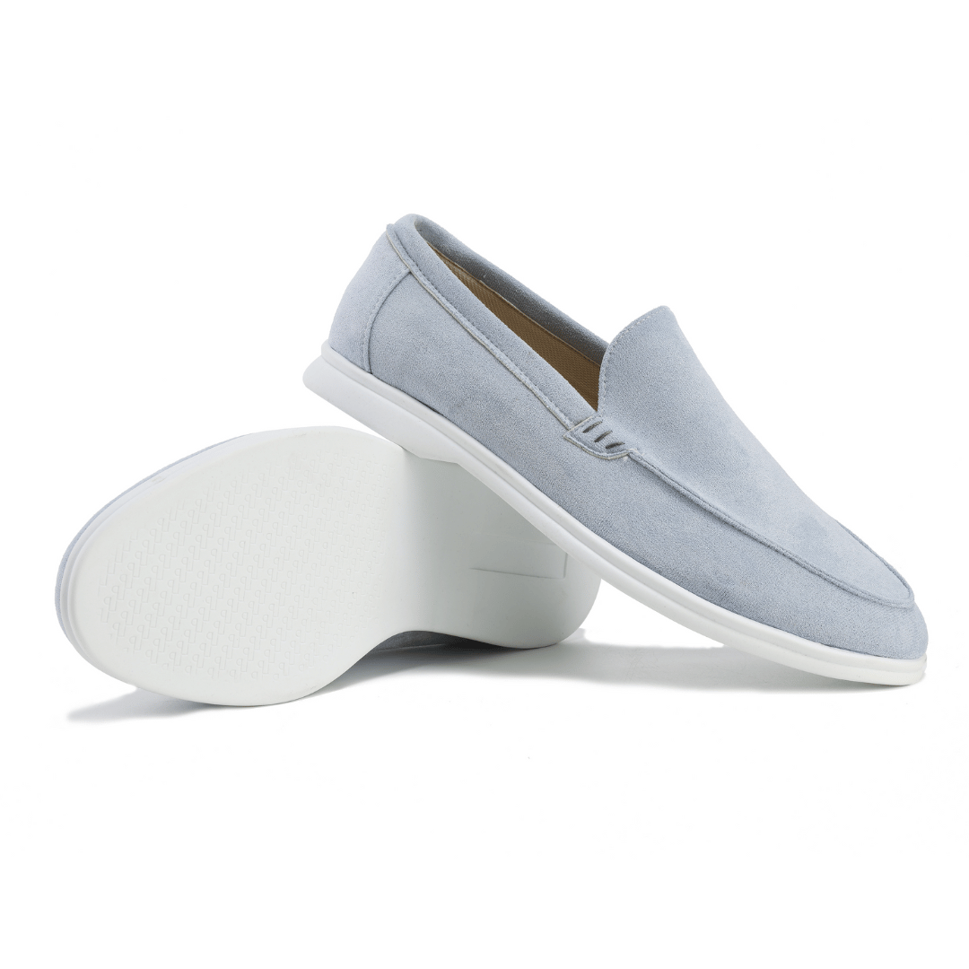 Men's textured slip-on loafers with moc toe stitching and flat soles