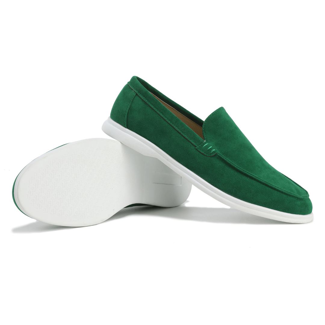 Men's textured slip-on loafers with moc toe stitching and flat soles