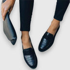 Women's black loafers with crocodile-effect toe panel