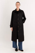 Women's long single-breasted trench coat with pointed collar and button front