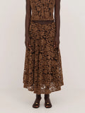 Women's brown floral lace midi skirt with flared silhouette