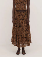 Women's brown floral lace midi skirt with flared silhouette