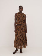 Women's brown floral lace midi skirt with flared silhouette