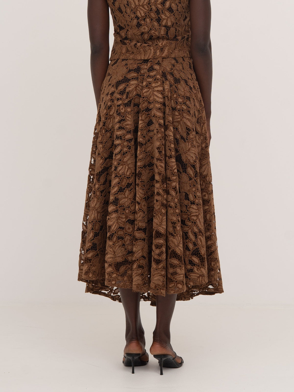 Women's brown floral lace midi skirt with flared silhouette