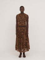 Women's brown floral lace midi skirt with flared silhouette