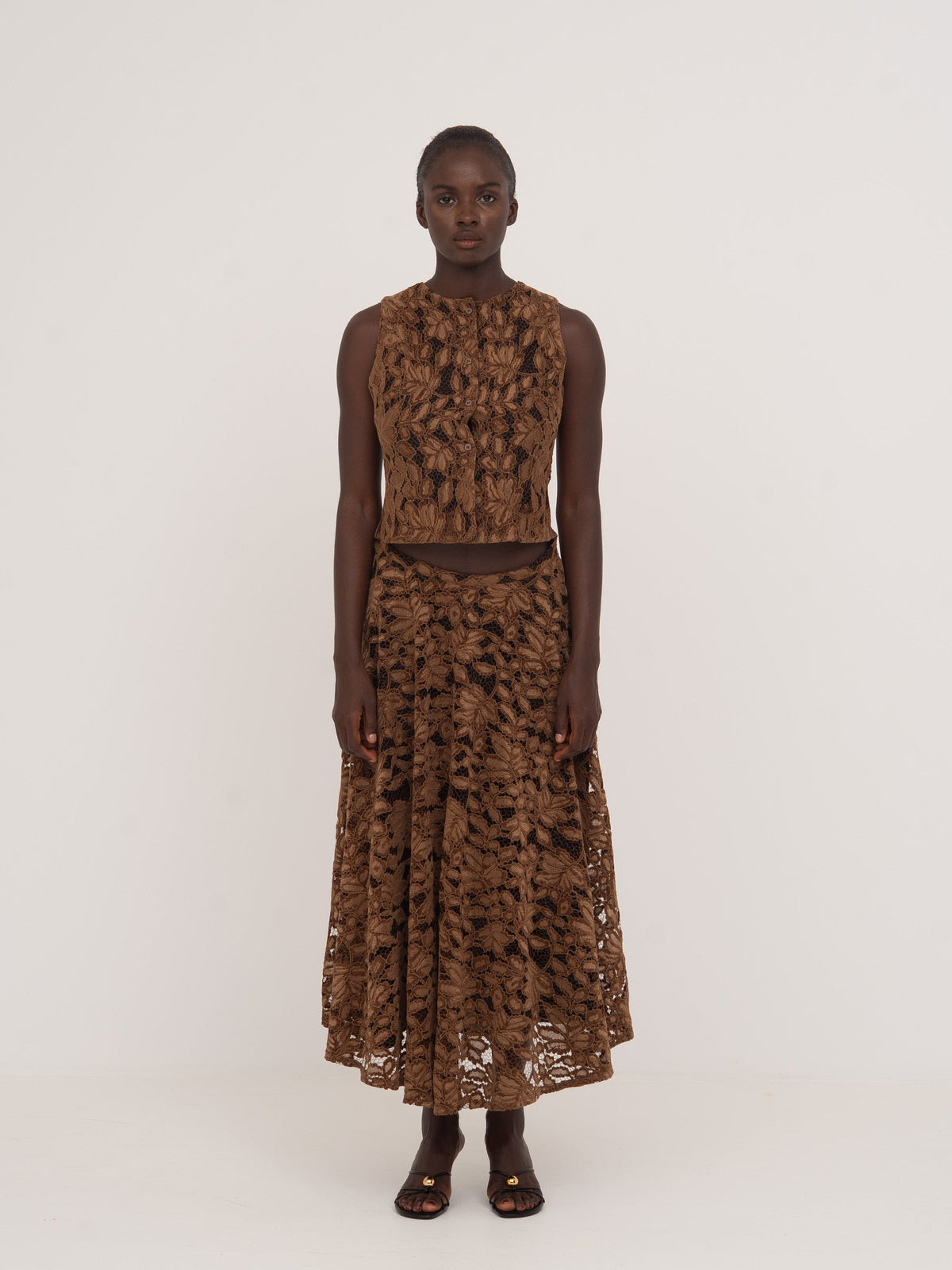 Women's brown floral lace midi skirt with flared silhouette