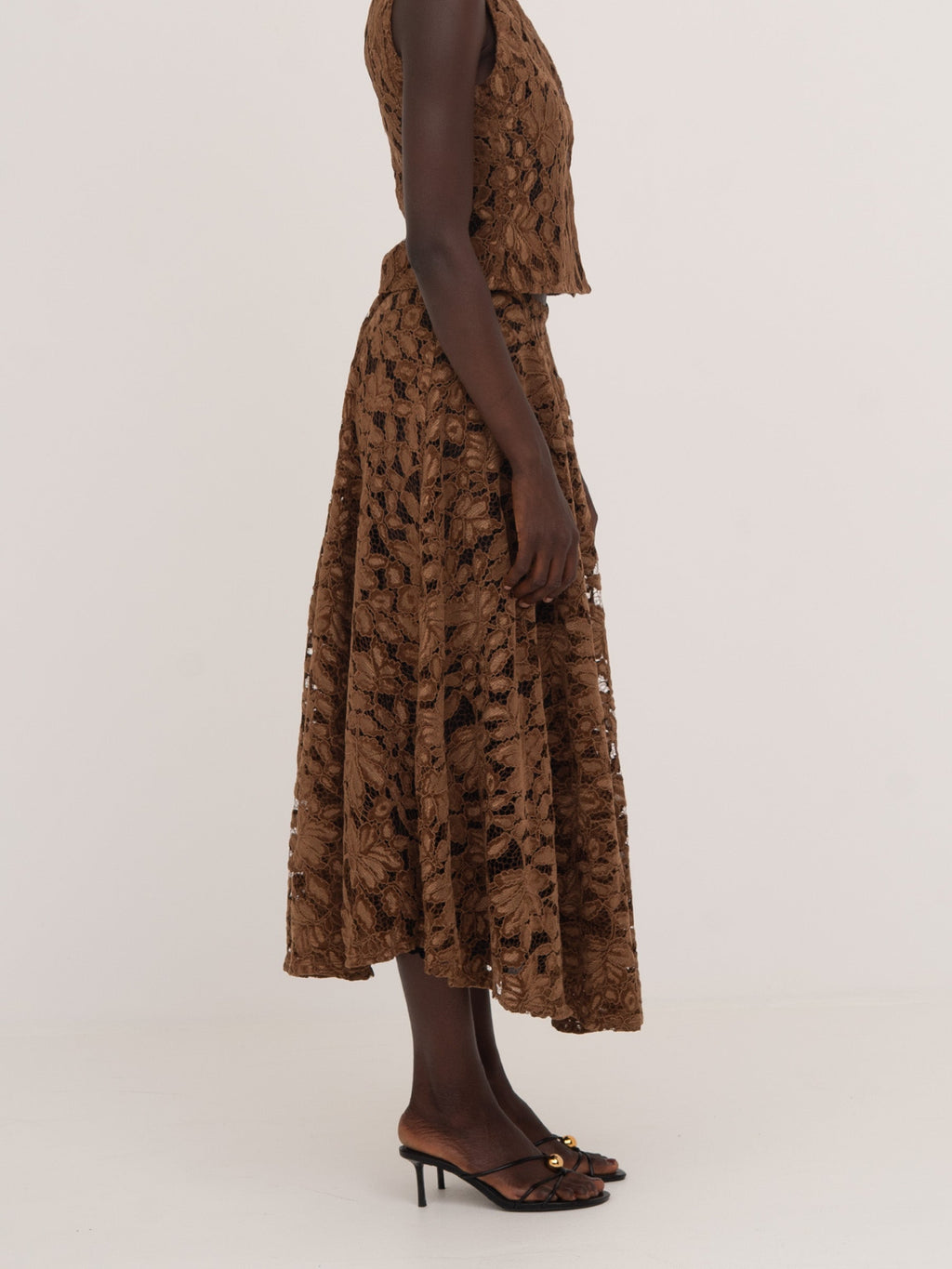 Women's brown floral lace midi skirt with flared silhouette
