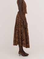 Women's brown floral lace midi skirt with flared silhouette