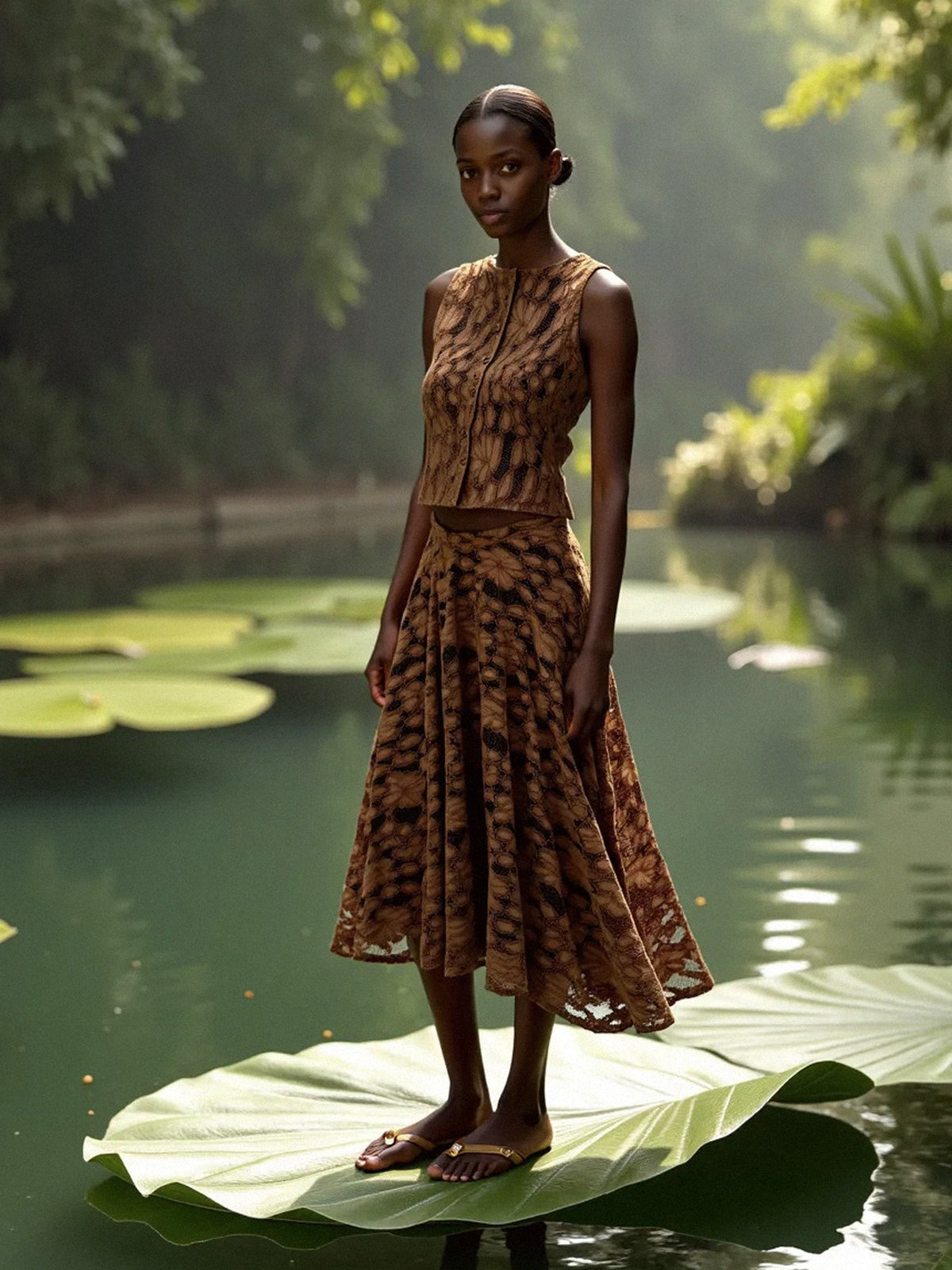 Women's brown floral lace midi skirt with flared silhouette