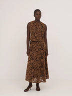 Women's brown floral lace sleeveless cropped top with front buttons
