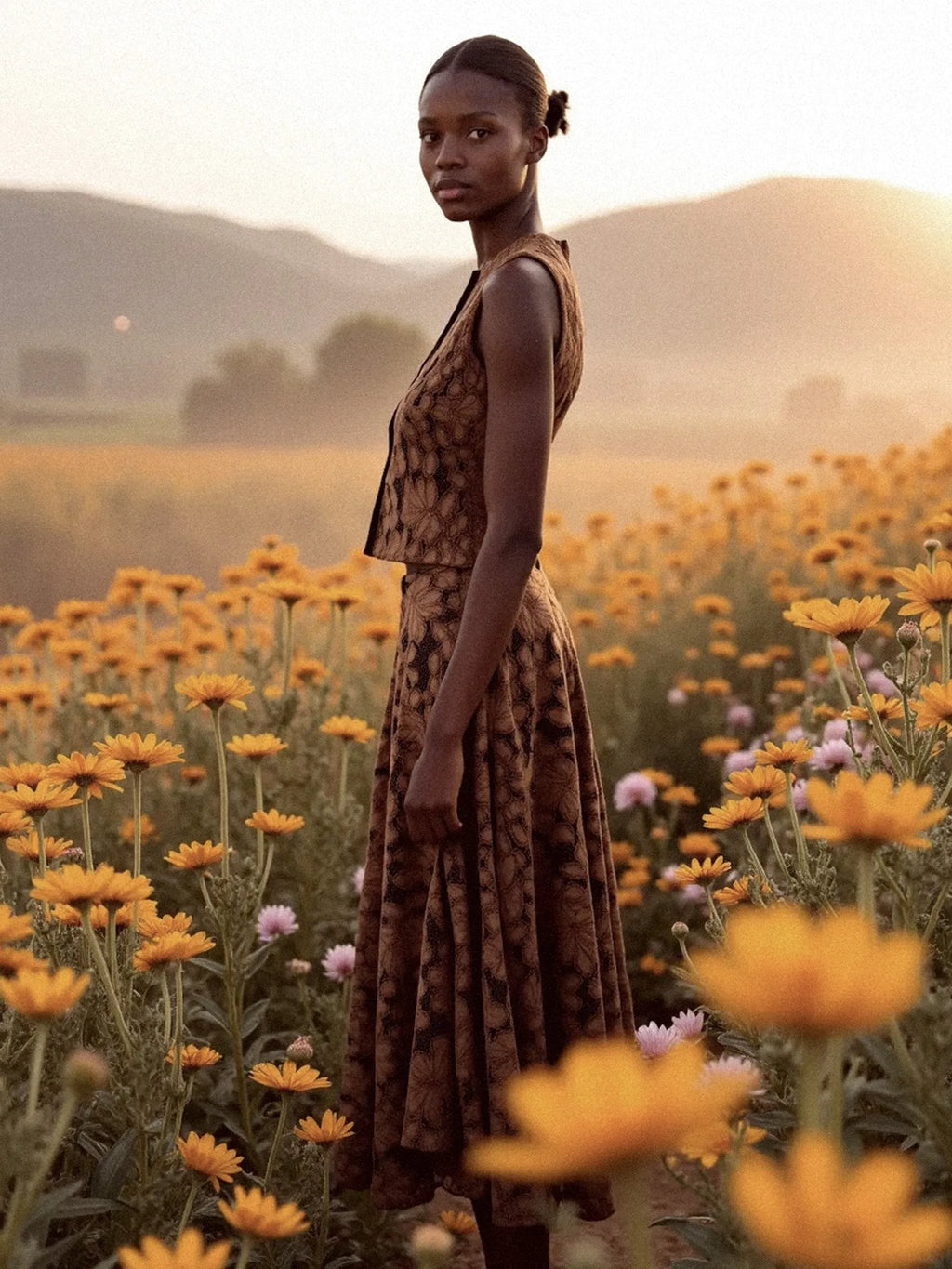 Women's brown floral lace sleeveless cropped top with front buttons