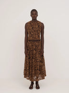 Women's brown floral lace sleeveless cropped top with front buttons