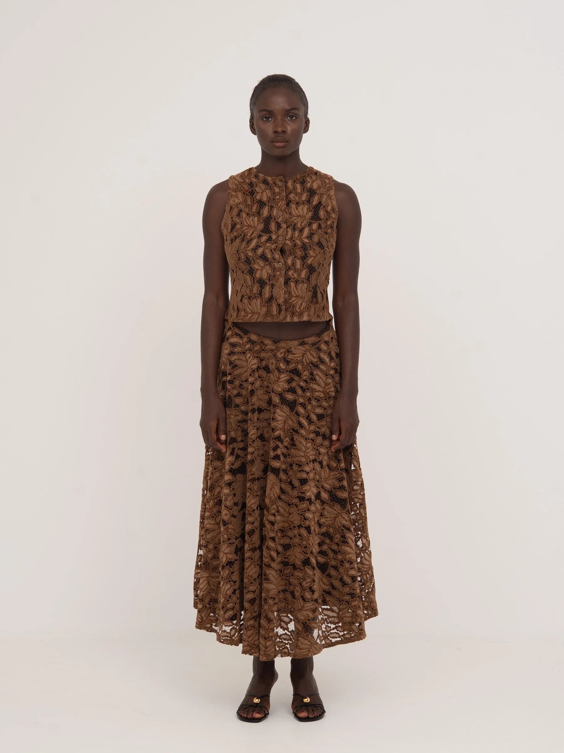 Women's brown floral lace sleeveless cropped top with front buttons