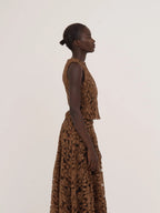 Women's brown floral lace sleeveless cropped top with front buttons