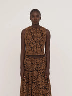 Women's brown floral lace sleeveless cropped top with front buttons