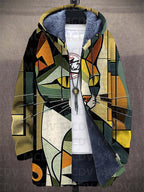 Unisex hooded cardigan jacket with multicoloured geometric pattern