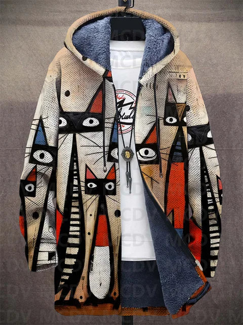 Unisex hooded cardigan jacket with multicoloured geometric pattern