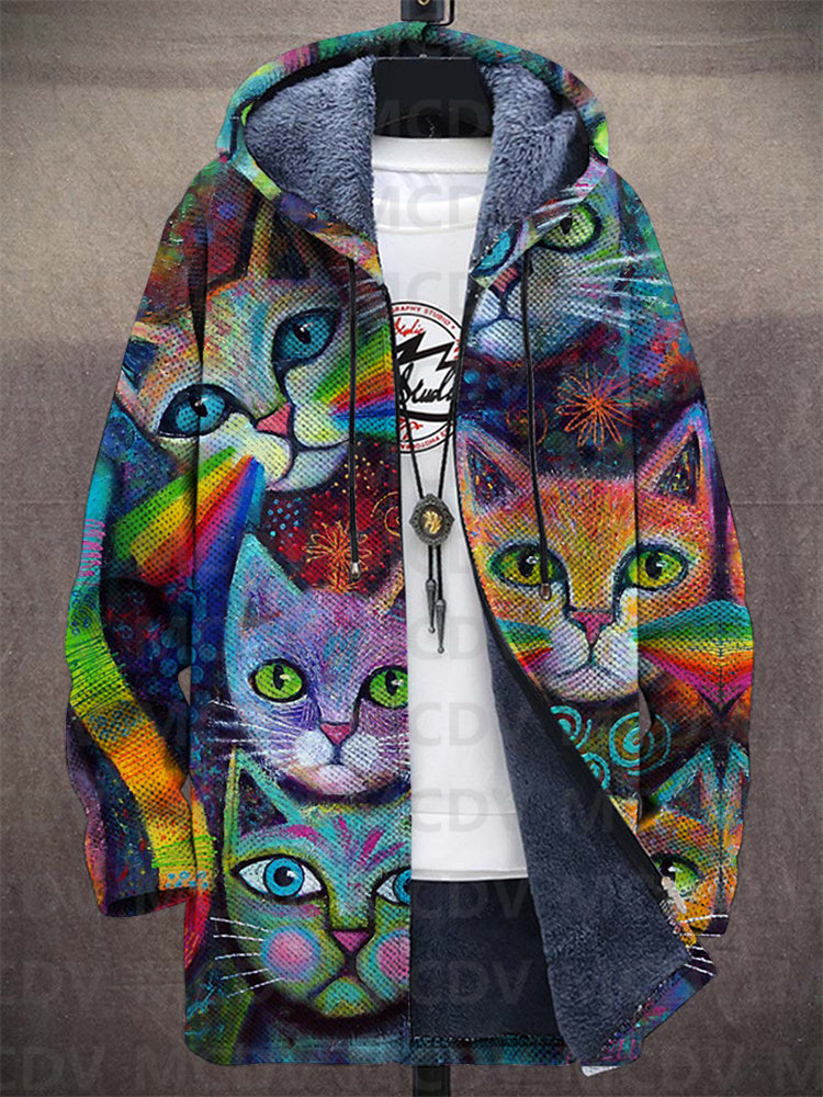 Unisex hooded cardigan jacket with multicoloured geometric pattern