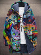 Unisex hooded cardigan jacket with multicoloured geometric pattern